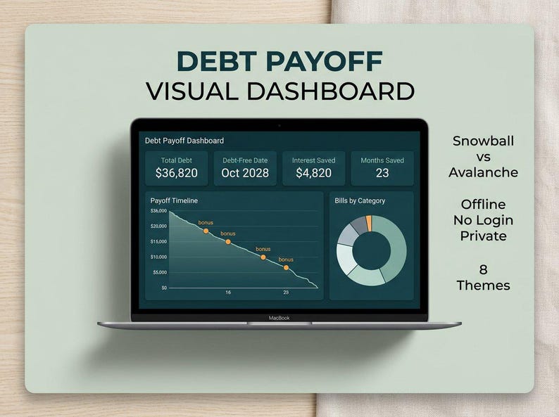 May include: A laptop screen displaying a Debt Payoff Visual Dashboard with a downward sloping payoff timeline graph, a bills by category donut chart, and data fields for total debt, debt-free date, interest saved, and months saved.