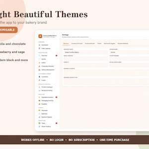 May include: A digital interface for Sweet Crumbs Bakery software displaying a settings menu with fields for business details. The graphic includes the text Eight Beautiful Themes, Customisable, and Works Offline, No Login, No Subscription, One-Time Purchase.