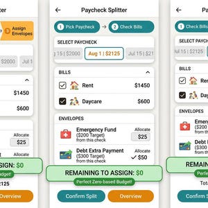 May include: Three mobile app interface screens titled Paycheck Splitter showing a budget workflow. The screens display sections for selecting a paycheck, listing bills like Rent and Daycare, and allocating funds to envelopes with a Remaining to Assign $0 banner.