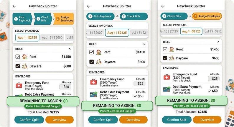 May include: Three mobile app interface screens titled Paycheck Splitter showing a budget workflow. The screens display sections for selecting a paycheck, listing bills like Rent and Daycare, and allocating funds to envelopes with a Remaining to Assign $0 banner.