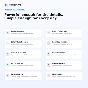 May include: JobFlow Pro Job Search Command Center interface featuring the text Powerful enough for the details. Simple enough for every day. It lists features including Custom stages, Smart follow-ups, Salary intelligence, Interview ratings, Reusable stories, Linked records, 20 currencies, Theme presets, Accessible UI, and Demo mode.