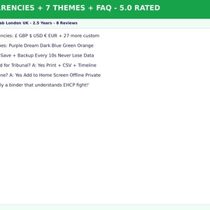 May include: A digital information graphic titled 30 CURRENCIES + 7 THEMES + FAQ - 5.0 RATED. It lists features including 30 currencies, 7 color themes, auto-save and backup every 10 seconds, and FAQs regarding tribunal printing, iPhone compatibility, and EHCP.