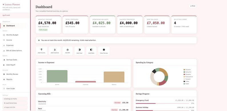 May include: A digital dashboard with financial data displayed in a clean, modern interface. The screen shows monthly income, expenses, and savings progress. Charts and graphs visualize spending and upcoming bills. The interface is primarily pink and white.