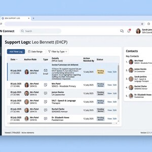 May include: A digital dashboard interface titled SEN Connect displaying Support Logs for Leo Bennett. The screen features a navigation sidebar, a central table with log entries including dates, authors, and status, and a right-hand panel listing key contacts.