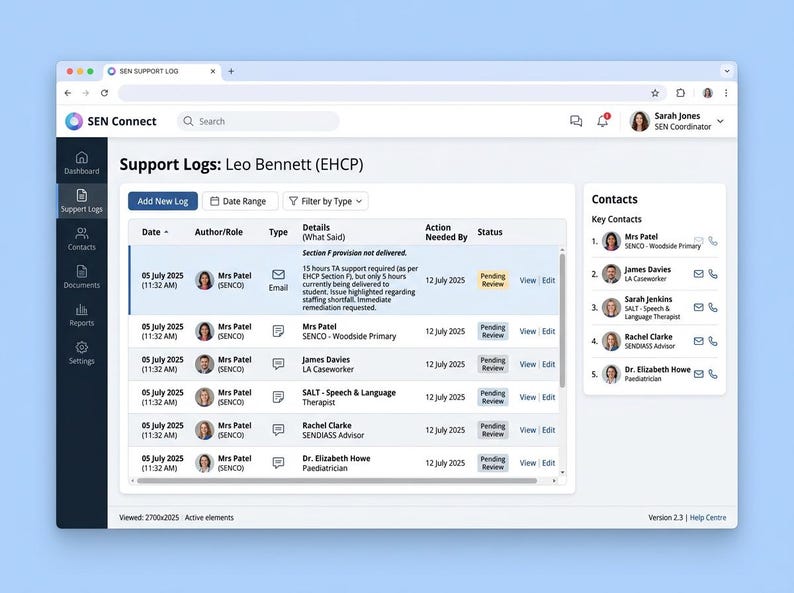 May include: A digital dashboard interface titled SEN Connect displaying Support Logs for Leo Bennett. The screen features a navigation sidebar, a central table with log entries including dates, authors, and status, and a right-hand panel listing key contacts.