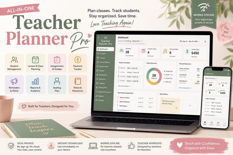 Interactive HTML Teacher Planner App: Digital Classroom Organizer (Offline Use) image 1