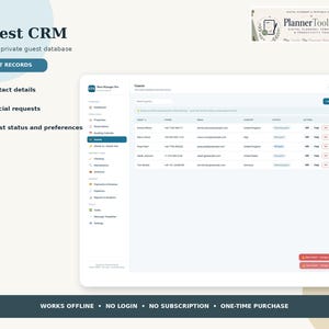 May include: A digital Guest CRM interface displaying a guest database table with columns for name, phone, email, country, status, and actions. The sidebar includes navigation for dashboard, properties, reservations, and settings. Text includes Guest CRM, PlannerToolLab, and Works Offline.