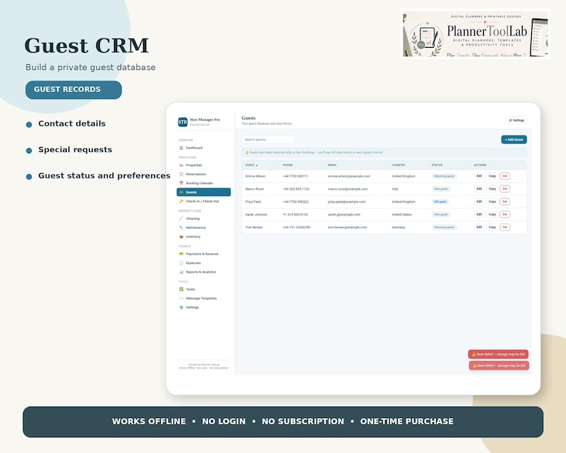 May include: A digital Guest CRM interface displaying a guest database table with columns for name, phone, email, country, status, and actions. The sidebar includes navigation for dashboard, properties, reservations, and settings. Text includes Guest CRM, PlannerToolLab, and Works Offline.