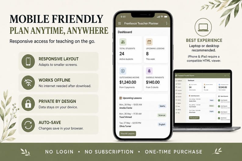 May include: A digital freelance teacher planner displayed on a smartphone and laptop screen. The interface shows a dashboard with student counts, lesson schedules, income, and payment data. Text includes Mobile Friendly, Plan Anytime, Anywhere, and Responsive Layout.