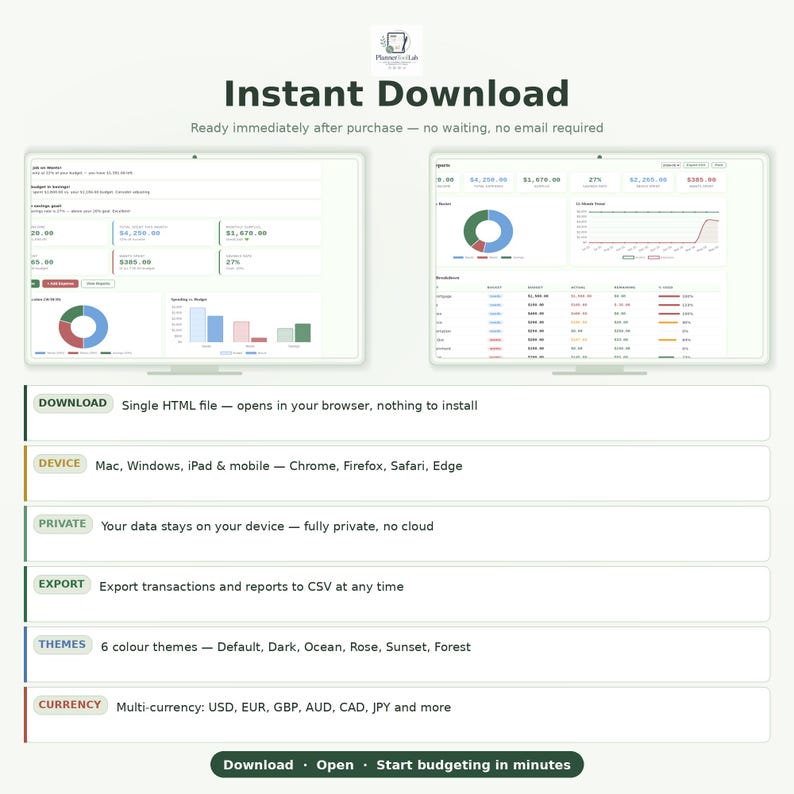 May include: A digital budget tracker interface displayed on two screens, featuring charts, tables, and financial data. Text includes Instant Download, Download, Device, Private, Export, Themes, Currency, and Download, Open, Start budgeting in minutes.