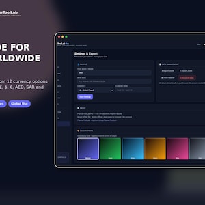 May include: A digital interface for PlannerToolLab Pro displaying a Settings and Export menu with a dark theme. The screen features options for profile customization, data management, currency selection, and a color theme picker with eight squares.