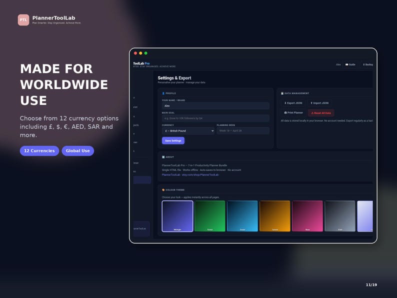 May include: A digital interface for PlannerToolLab Pro displaying a Settings and Export menu with a dark theme. The screen features options for profile customization, data management, currency selection, and a color theme picker with eight squares.