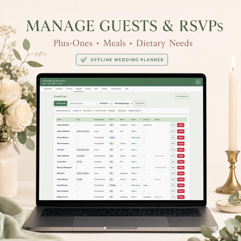 May include: A laptop screen displaying a digital guest list management interface for a wedding planner. The software shows columns for names, relationships, RSVP status, meal choices, and dietary needs. The text reads MANAGE GUESTS & RSVPS.