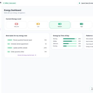 May include: A digital interface titled ADHD Second Brain featuring an Energy Dashboard. The screen displays current energy levels from very low to very high, a list of tasks with time estimates, energy by time of day charts, and productivity insights.