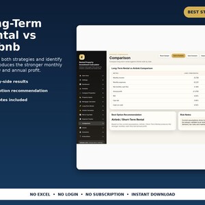 May include: A digital rental property investment calculator interface displayed on a dark blue background. The screen shows a comparison table between long-term rental and Airbnb strategies, including monthly income, expenses, cash flow, and profit metrics.