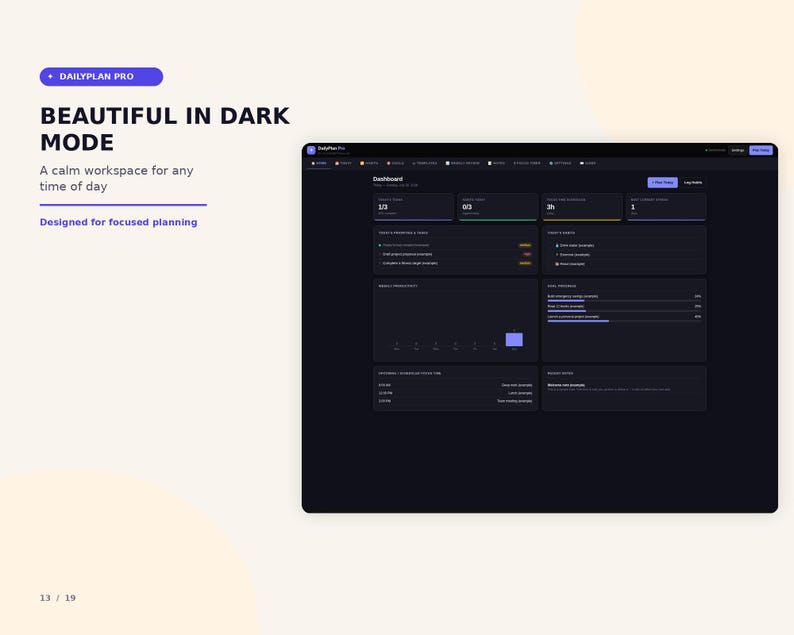 K&ouml;nnte beinhalten: Eine digitale Dashboard-Oberfl&auml;che mit dem Titel DailyPlan Pro im Dark-Mode-Design mit schwarzem Hintergrund, violetten Akzenten und verschiedenen Daten-Widgets, darunter Aufgabenlisten, Fortschrittsbalken und Planungsmodule.