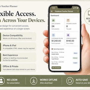 May include: A digital Freelance Teacher Planner displayed on a smartphone screen showing a dashboard with student counts, lesson schedules, and financial data. The interface features responsive design, offline access, and device compatibility for Windows, Mac, and Android.