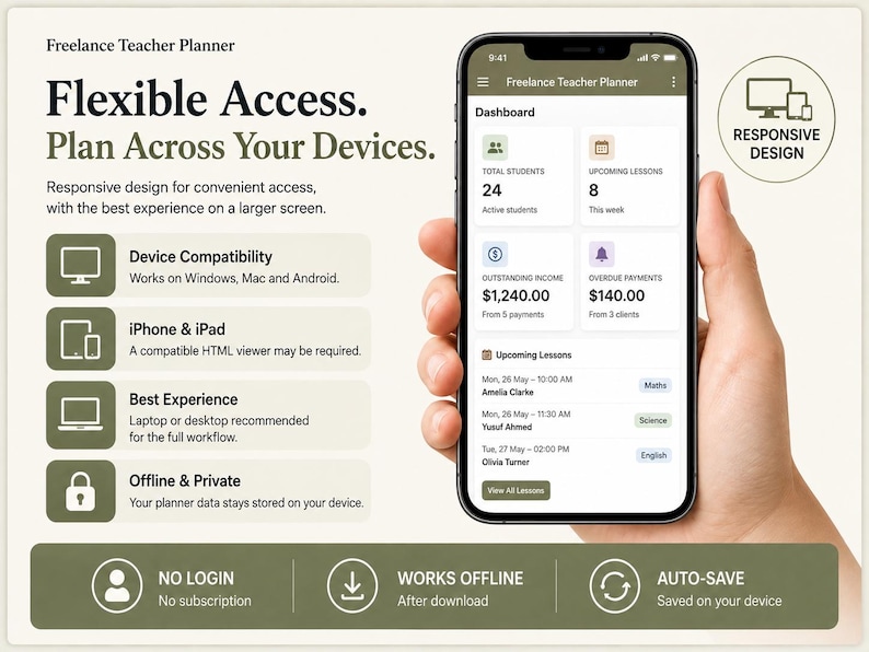 May include: A digital Freelance Teacher Planner displayed on a smartphone screen showing a dashboard with student counts, lesson schedules, and financial data. The interface features responsive design, offline access, and device compatibility for Windows, Mac, and Android.