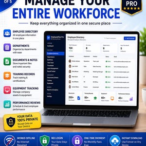 May include: A laptop displaying the EmployeeFlow Pro software interface, featuring an employee directory dashboard with columns for name, department, position, status, and email. The screen shows metrics for total employees, leave, departments, and new hires.