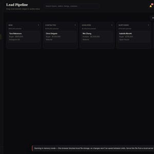 May include: A dark-themed digital Real Estate CRM Planner interface featuring a Lead Pipeline dashboard. The layout includes a sidebar with navigation categories, a top search bar, and columns for New, Contacted, Qualified, Nurturing, and Under Contract stages with individual lead cards.