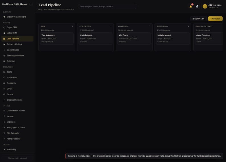 May include: A dark-themed digital Real Estate CRM Planner interface featuring a Lead Pipeline dashboard. The layout includes a sidebar with navigation categories, a top search bar, and columns for New, Contacted, Qualified, Nurturing, and Under Contract stages with individual lead cards.