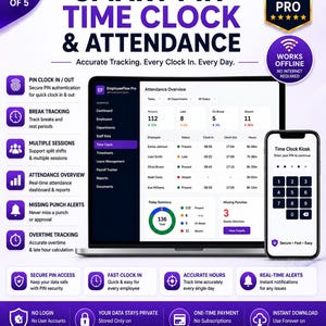 May include: A digital time clock and attendance system display featuring a laptop screen showing an employee dashboard and a smartphone screen with a PIN entry keypad. The interface includes text labels for features like PIN clock in, break tracking, and overtime tracking, with a purple and white color scheme.