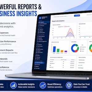 May include: A laptop and smartphone displaying business management software with the text Powerful Reports & Business Insights. The screen shows various data visualizations including line graphs, pie charts, and tables tracking revenue, expenses, and job performance metrics.