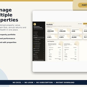 May include: A digital interface for a rental property investment calculator, featuring a dark sidebar and a light dashboard displaying portfolio value, equity, cash flow, and annual returns. Text includes 'Manage Multiple Properties' and 'Portfolio'.