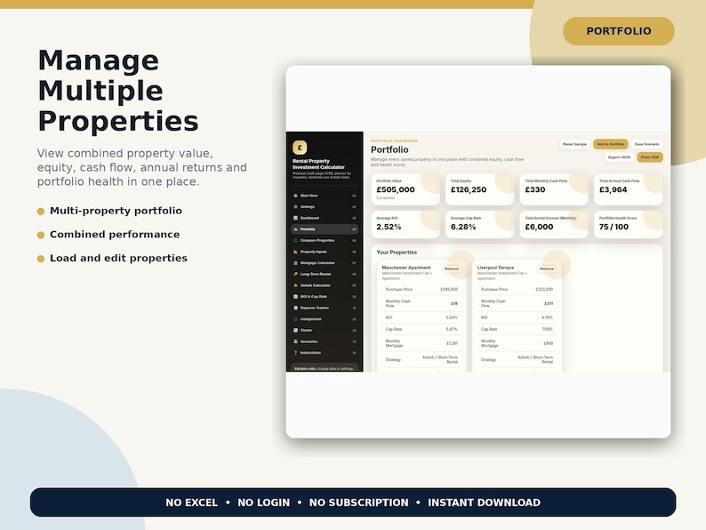 May include: A digital interface for a rental property investment calculator, featuring a dark sidebar and a light dashboard displaying portfolio value, equity, cash flow, and annual returns. Text includes 'Manage Multiple Properties' and 'Portfolio'.