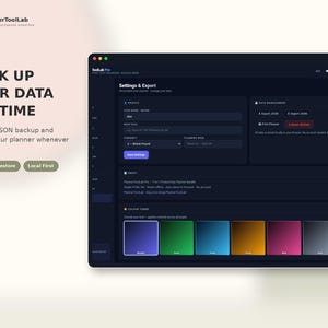 May include: A digital interface for PlannerToolLab showing a Settings & Export screen with a dark theme. The layout includes profile fields, data management options for JSON export and import, and a selection of color themes for the planner.