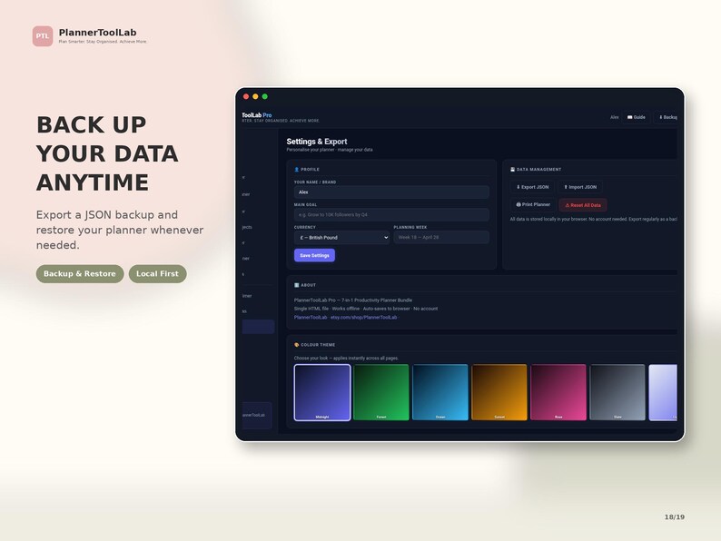 May include: A digital interface for PlannerToolLab showing a Settings & Export screen with a dark theme. The layout includes profile fields, data management options for JSON export and import, and a selection of color themes for the planner.