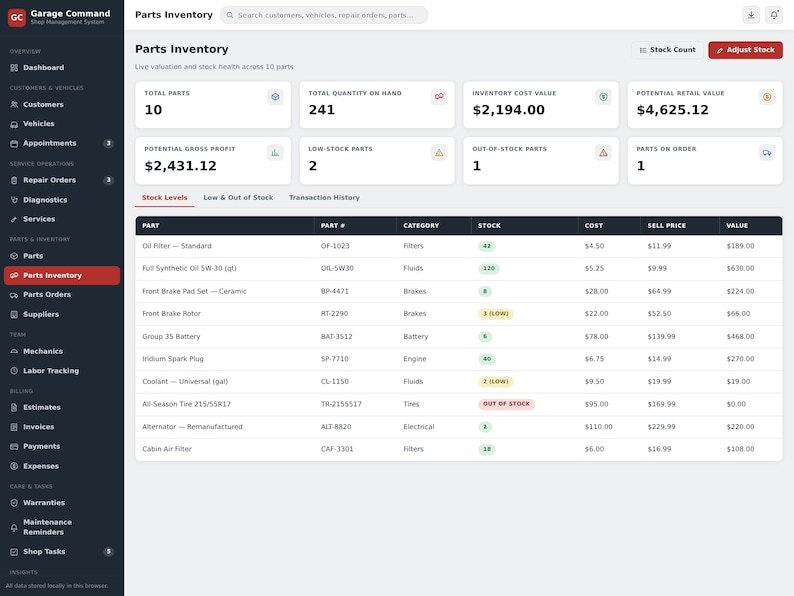 May include: A digital dashboard interface titled Parts Inventory displaying shop management data. The screen features summary cards for total parts, quantity on hand, inventory cost, and retail value, alongside a detailed table listing specific automotive parts, stock levels, costs, and sell prices.