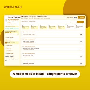 May include: A digital weekly meal planner interface titled ADHD Kitchen Pro by PlannerToolLab. The layout features a yellow and white color scheme with daily meal suggestions, ingredient lists, and a section labeled A whole week of meals - 5 ingredients or fewer.