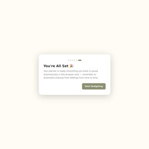 May include: A rectangular digital interface notification box with rounded corners. The text reads: You're All Set 💐. Your planner is ready. Everything you enter is saved automatically in this browser only &mdash; remember to download a backup from Settings from time to time. A dark olive green button labeled Start Budgeting is at the bottom right.