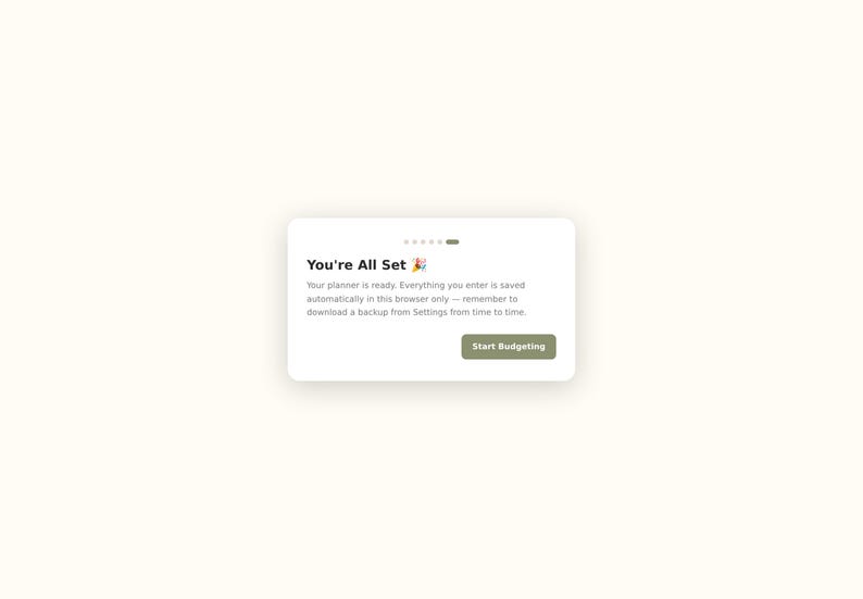 May include: A rectangular digital interface notification box with rounded corners. The text reads: You're All Set 💐. Your planner is ready. Everything you enter is saved automatically in this browser only &mdash; remember to download a backup from Settings from time to time. A dark olive green button labeled Start Budgeting is at the bottom right.