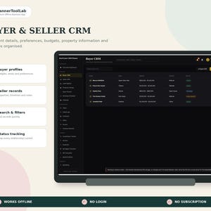 May include: A digital interface for a Buyer & Seller CRM planner displayed on a screen. The layout features a dark-themed dashboard with columns for names, areas, budgets, and status. Sidebar navigation includes tasks, leads, and property listings.