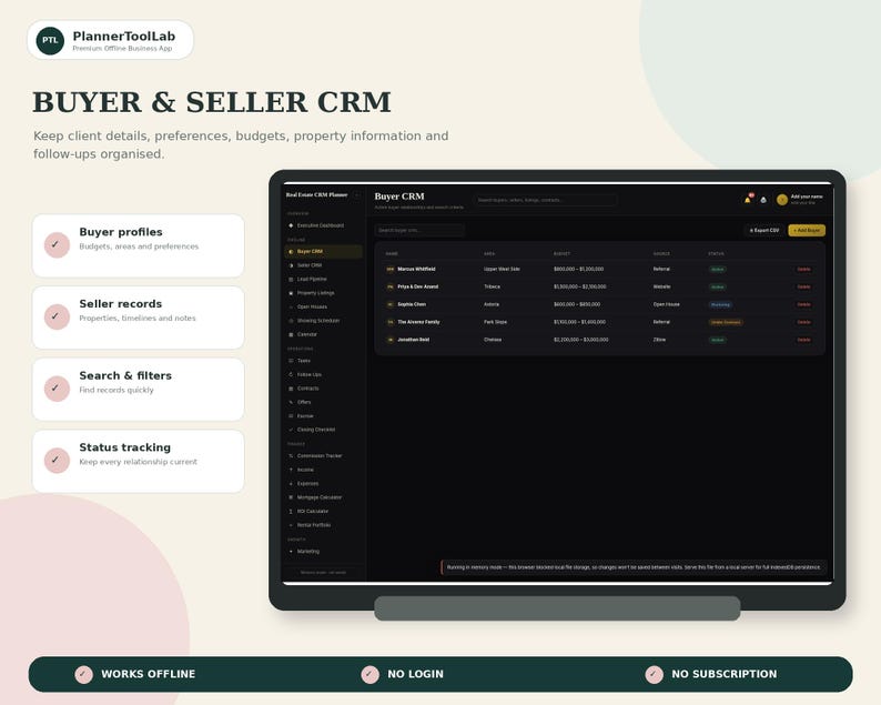 May include: A digital interface for a Buyer & Seller CRM planner displayed on a screen. The layout features a dark-themed dashboard with columns for names, areas, budgets, and status. Sidebar navigation includes tasks, leads, and property listings.