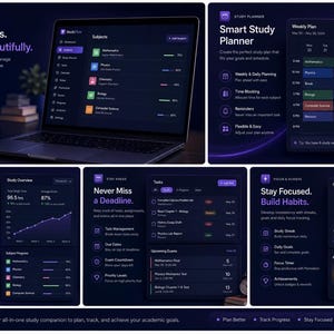 May include: A digital study planner interface displayed on a laptop and tablet screen, featuring dark mode dashboards with purple accents. The software includes modules for subject management, weekly planning, progress tracking, task lists, and habit building.