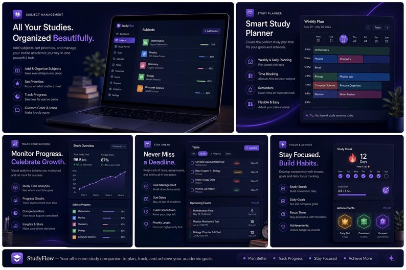 May include: A digital study planner interface displayed on a laptop and tablet screen, featuring dark mode dashboards with purple accents. The software includes modules for subject management, weekly planning, progress tracking, task lists, and habit building.