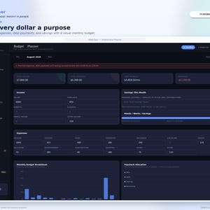 May include: A digital DebtClear professional debt payoff budget planner interface displayed on a dark screen. The dashboard features sections for income, expenses, savings, and monthly budget breakdowns with numerical data and bar charts.