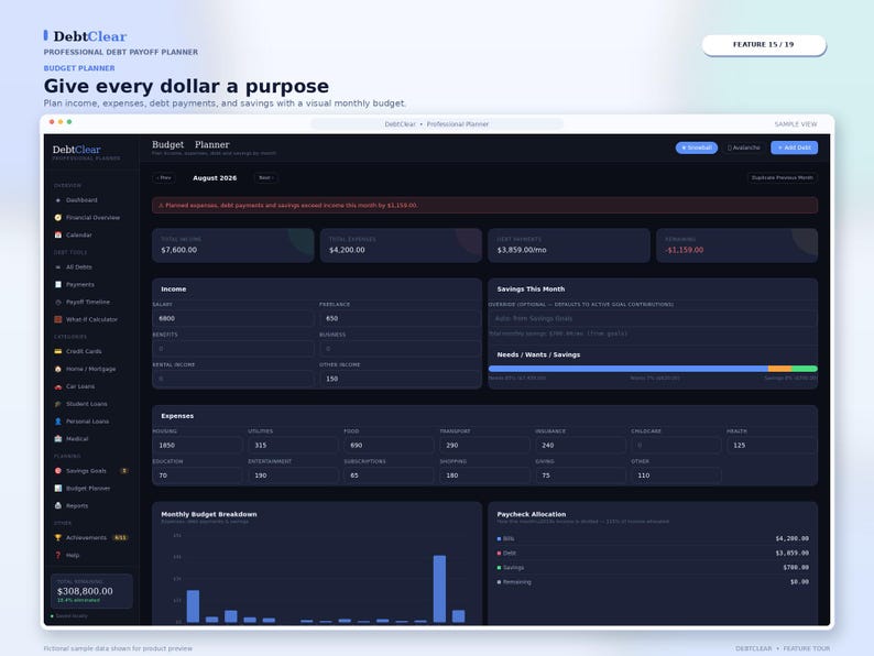 May include: A digital DebtClear professional debt payoff budget planner interface displayed on a dark screen. The dashboard features sections for income, expenses, savings, and monthly budget breakdowns with numerical data and bar charts.