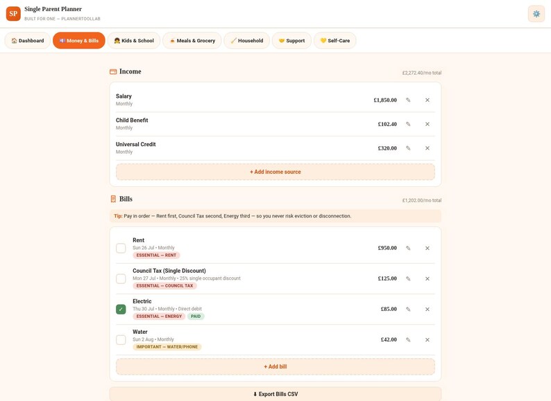 Single Parent Planner | Bill Organizer, Meal & Chore Manager (Offline HTML Tool) image 3