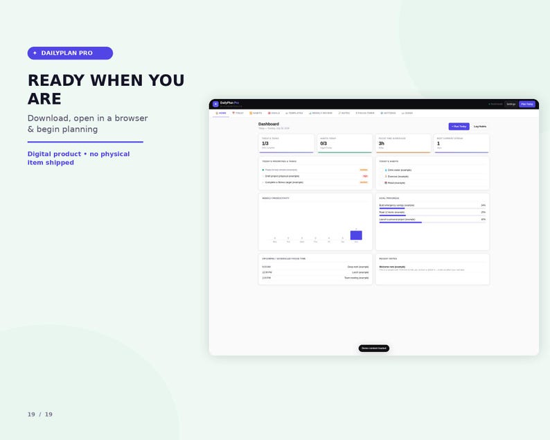K&ouml;nnte beinhalten: Eine digitale Dashboard-Oberfl&auml;che mit dem Titel DailyPlan Pro, die ein klares Layout mit Abschnitten f&uuml;r Aufgaben, Fortschrittsverfolgung und Tagespl&auml;ne bietet und wei&szlig;e Karten auf einem hellen Hintergrund mit blauen Akzenten zeigt.