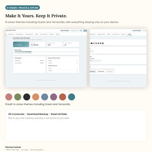 May include: A digital moving budget planner interface displaying two screen views, eight color theme circles, and text including 8 Themes - Private & Offline, Make It Yours. Keep It Private, 20 Currencies, Download Backup, and Reset All Data.
