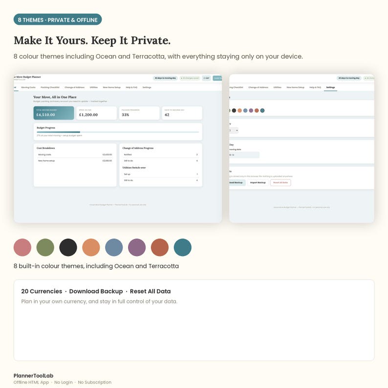 May include: A digital moving budget planner interface displaying two screen views, eight color theme circles, and text including 8 Themes - Private & Offline, Make It Yours. Keep It Private, 20 Currencies, Download Backup, and Reset All Data.