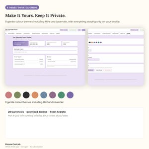 May include: A digital maternity leave budget planner application interface featuring a light purple color scheme, eight customizable themes, and offline data storage. The dashboard displays financial summaries, key dates, and settings menus.