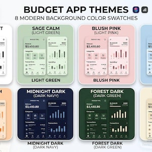 May include: A digital display titled BUDGET APP THEMES showing 8 modern background color swatches for a mobile application interface. Each swatch features two phone screens displaying balance, categories, and spending charts in white, green, pink, blue, orange, navy, dark green, and cream.