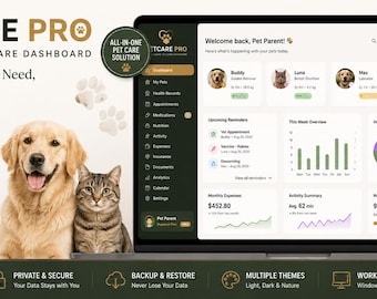 Pet Care Planner App, Digital Pet Health Tracker, Vet Records, Vaccination, Medication, Expense & Multi Pet Organizer, Offline HTML