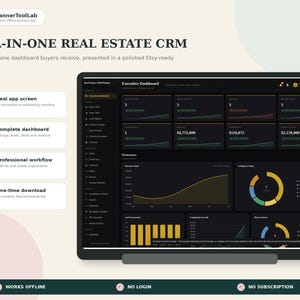 May include: A digital real estate CRM dashboard displayed on a screen, featuring an executive dashboard with various data charts, metrics, and a sidebar menu. The interface uses a dark theme with gold and green accents, showing performance graphs.