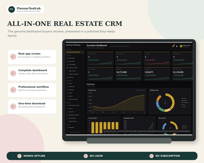 May include: A digital real estate CRM dashboard displayed on a screen, featuring an executive dashboard with various data charts, metrics, and a sidebar menu. The interface uses a dark theme with gold and green accents, showing performance graphs.